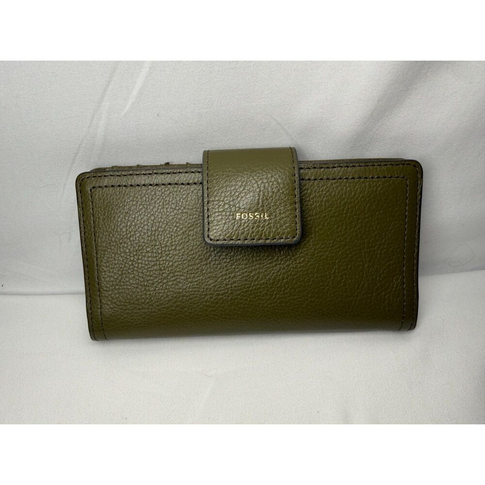 Fossil Olive Green Pebbled Leather Tab Clutch Wallet Organizer Zip Coin Pocket